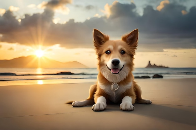 a dog is laying on the beach and looking at the sunset.