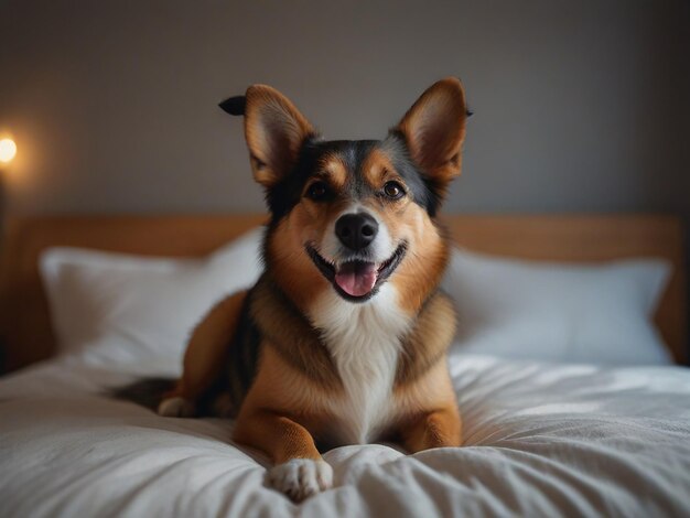 Photo a dog is laying on a bed with a light on it