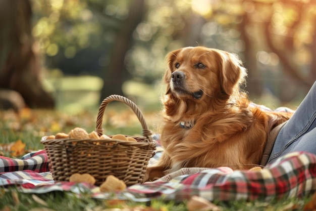 カメラを見ている犬が公園の毛布の上に横たわっている