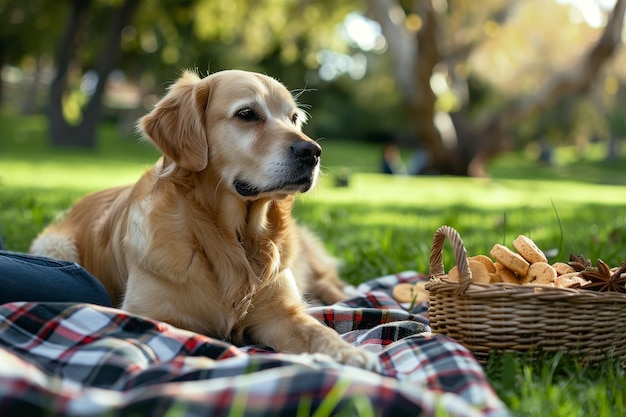 カメラを見ている犬が公園の毛布の上に横たわっている