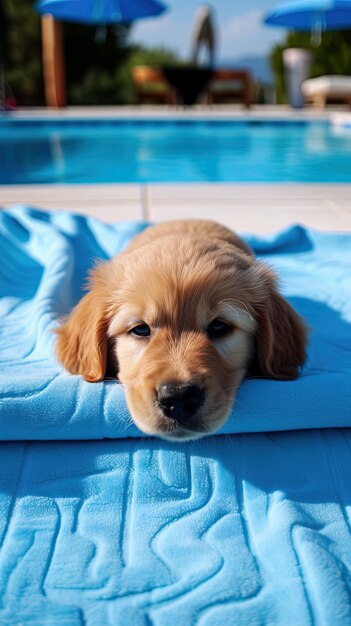 a dog is laying on a blue blanket with a blue towel