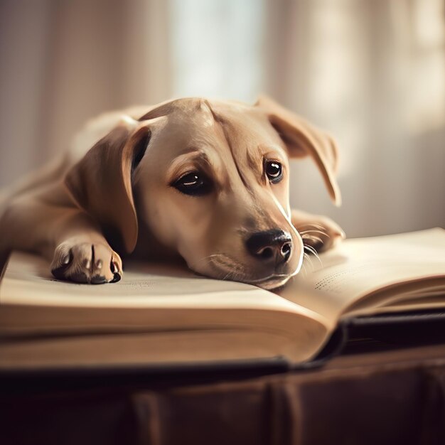 A dog is laying on a book with its head on the pages.