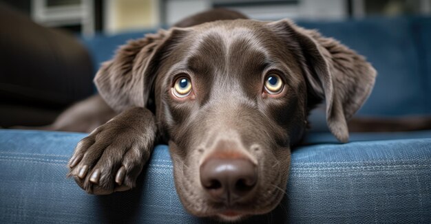 a dog is laying on the couch looking at the camera