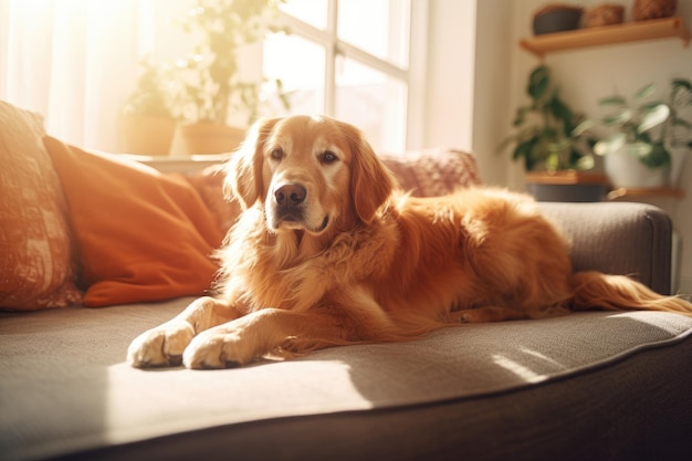 A dog is laying on a couch with the sun shining on it.