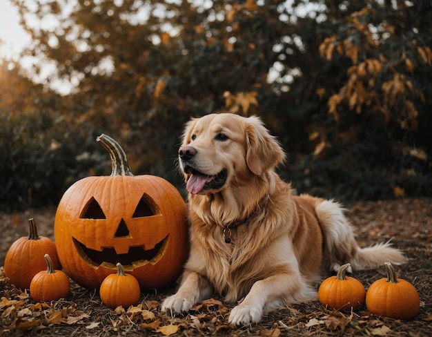 a dog is laying in front of a pumpkin that has a pumpkin on it