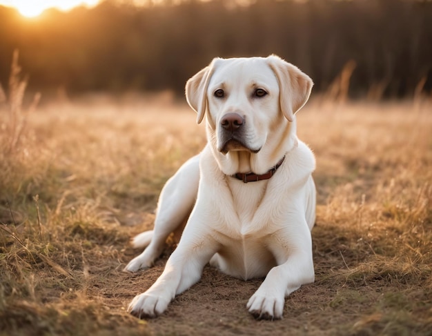 a dog is laying in the grass with the sun behind him