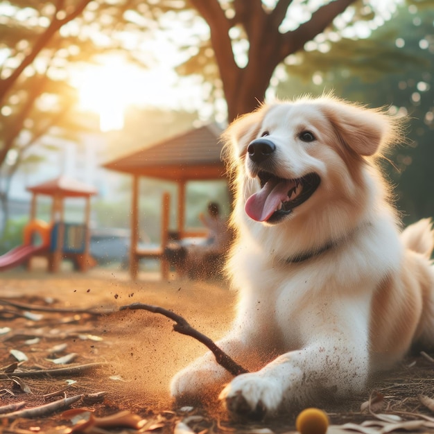 a dog is laying on the ground with a stick that has a stick in it