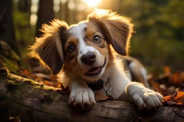 Photo a dog is laying on a log with the sun shining behind him