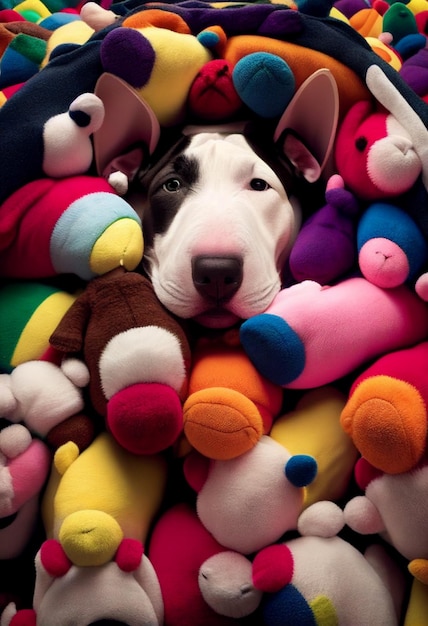 Foto un cane giace in un mucchio di animali di peluche.