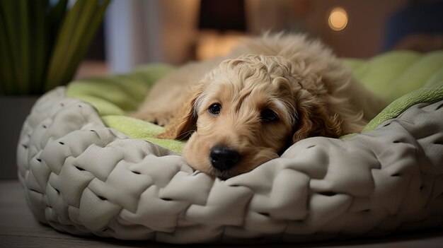 犬が緑の毛布で枕の上に横たわっている