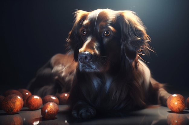 A dog is laying on a table with a dark background.