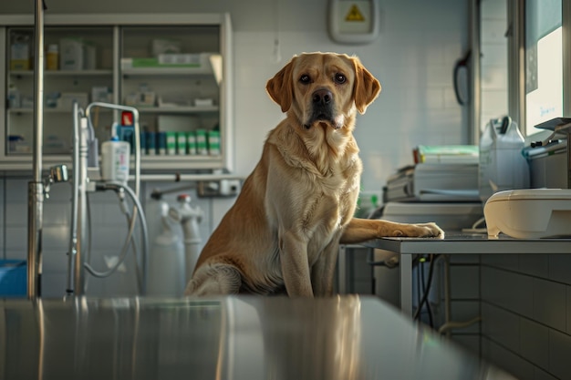 A dog is laying on a table