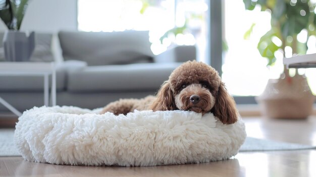 a dog is laying on a white pillow on the floor