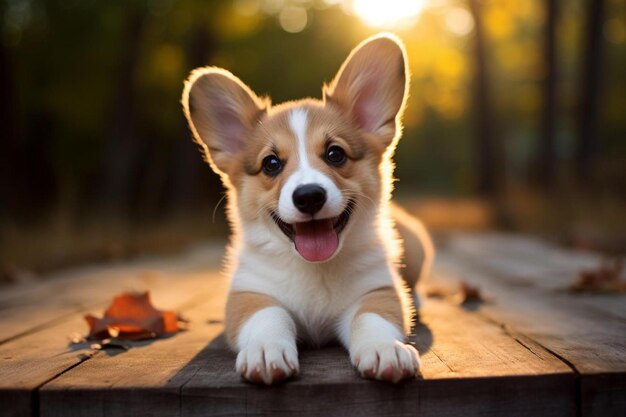 Photo a dog is laying on a wooden platform with leaves in the background