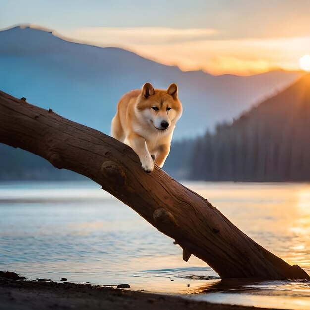 A dog is on a log in front of a lake at sunset.