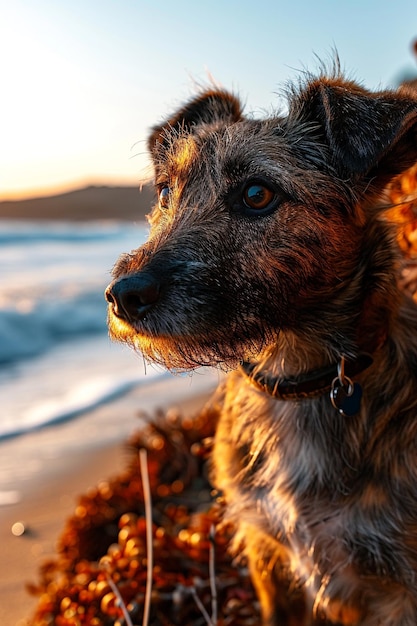 a dog is looking at the camera and the sun is setting