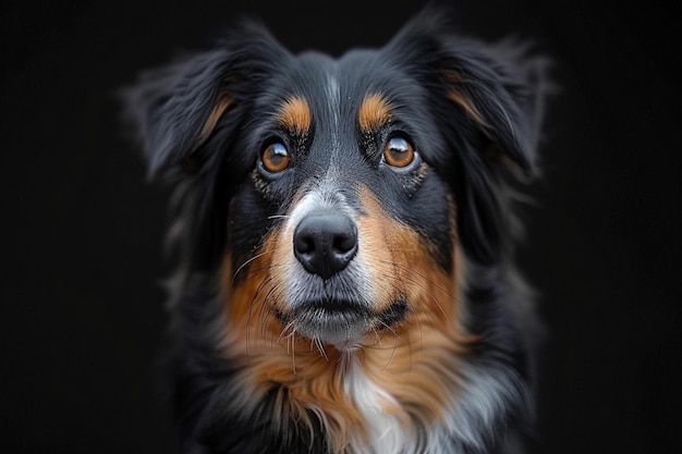 a dog is looking at the camera with a black background