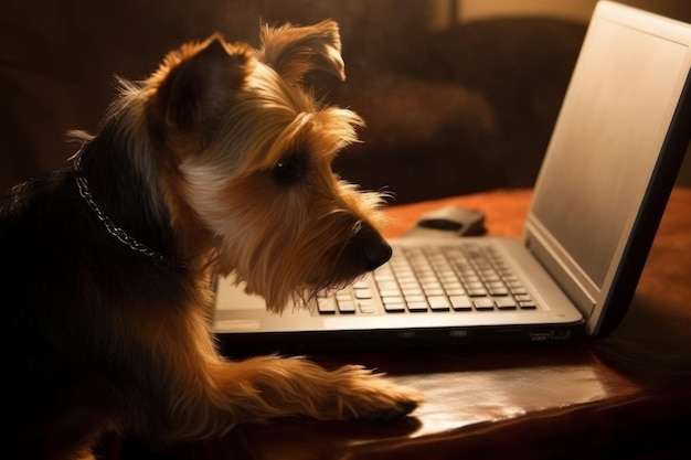 개가 테이블 위의 노트북을 보고 있습니다.