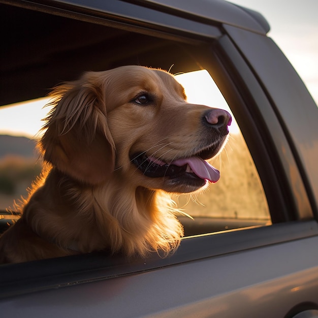 Собака смотрит из окна машины и имеет розовый нос.