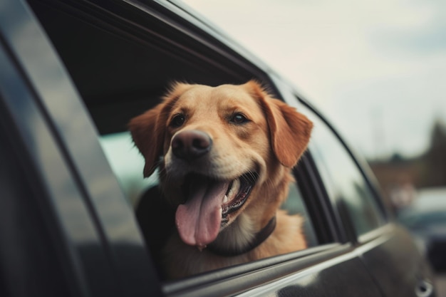 A dog is looking out of a car window
