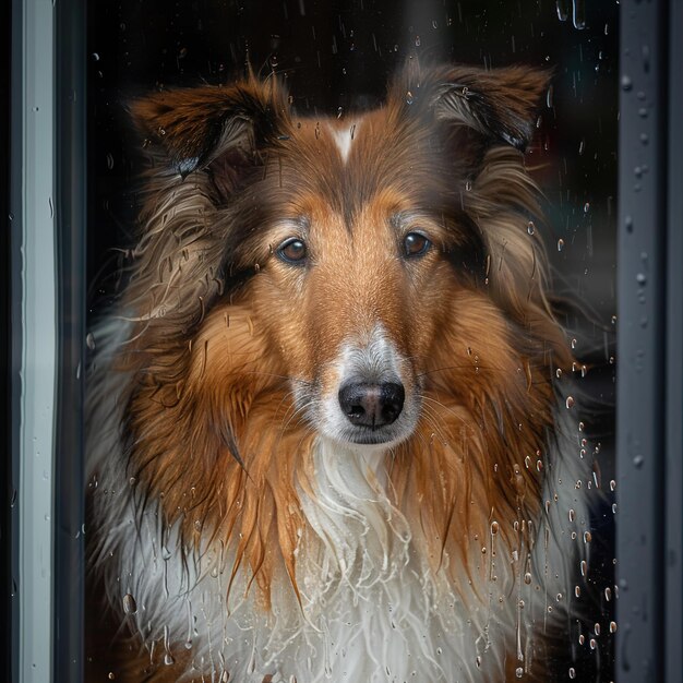 a dog is looking out of a window with raindrops on it