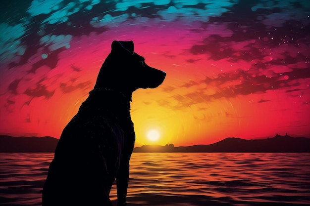 A dog is looking at the sunset.