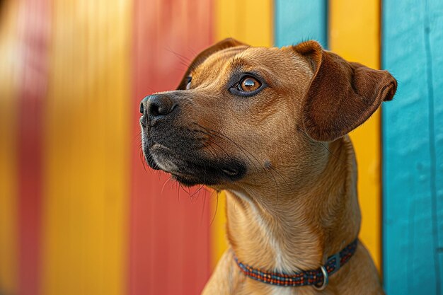 a dog is looking up at the camera with a colorful background