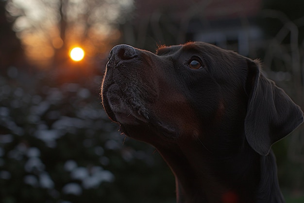 A dog is looking up at the sun