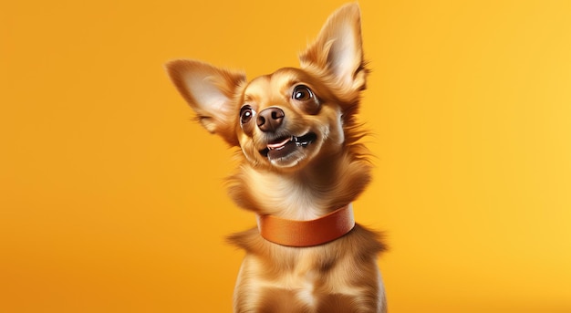 개 한 마리가 오렌지색 배경 위를 쳐다보고 있다.