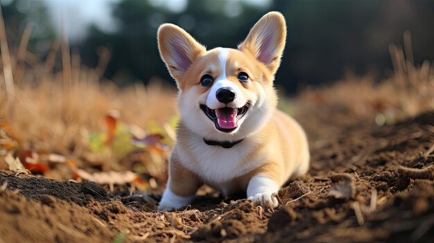 犬が地面に横たわって微笑んでいます。