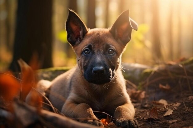 Photo a dog is lying in the woods with his ears pointed up