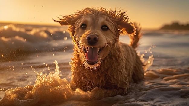 夕暮れ時に犬が水の中で遊んでいます。