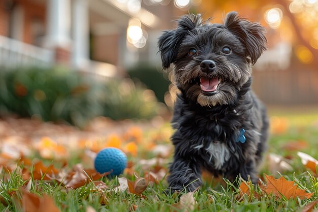 犬が前庭でボールで遊んでいます