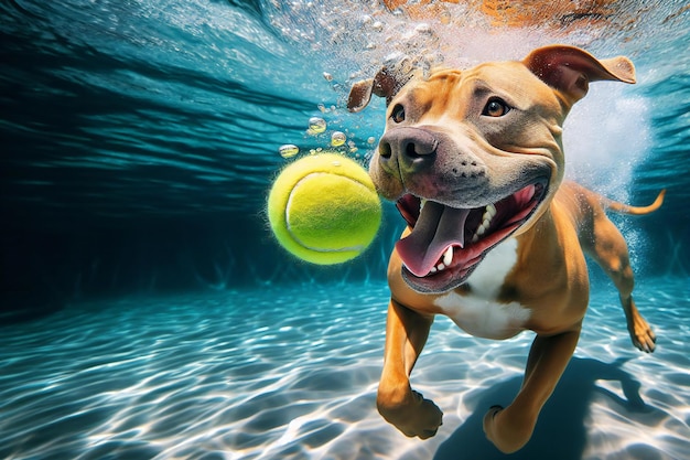 犬が水の中でテニスボールで遊んでいます