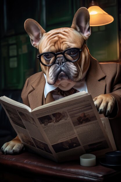 A dog is reading the newspaper