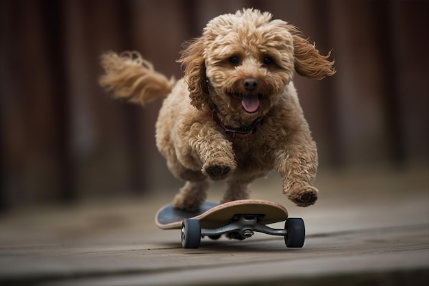 犬が舌を出してスケートボードに乗っています。