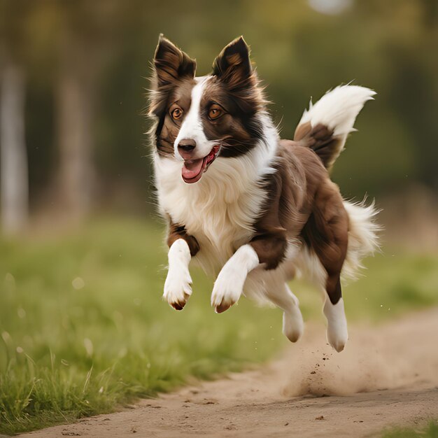 Photo a dog is running in the air with his tongue out