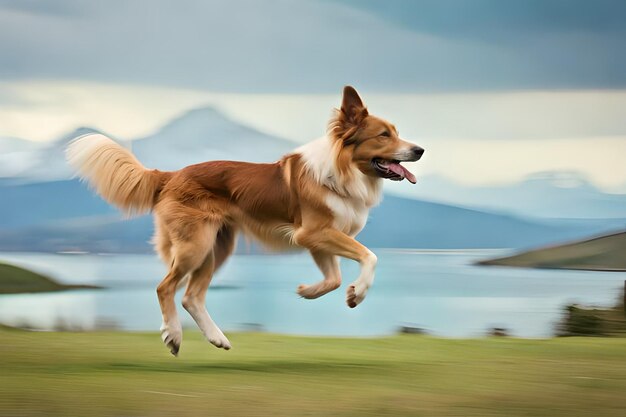 A dog is running in the air with the mountains in the background.