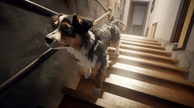 a dog is running down a set of stairs with a staircase in the background