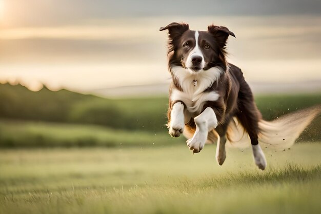 A dog is running in a field with a dog in the mouth