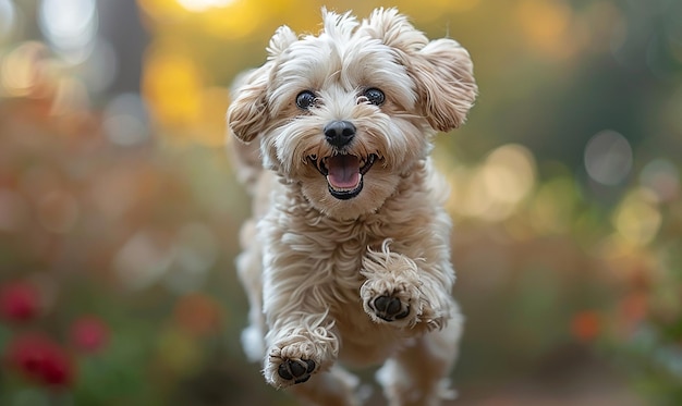 a dog is running in the grass and it is smiling