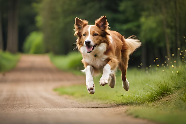 犬が舌を出して草の中を走っています。