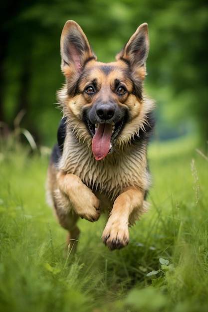 犬が舌を出して草の中を走っている