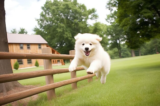 Photo the dog is running happily cheerful in various places