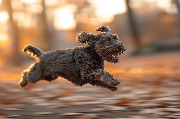 Photo a dog is running in the park with the sun behind him