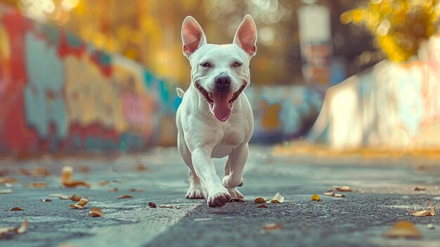 a dog is running on the street with a graffiti wall behind him