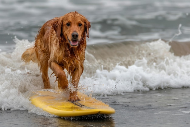 Photo a dog is running on a surfboard