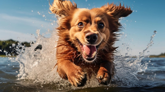 犬が口を開けて水中を走っている