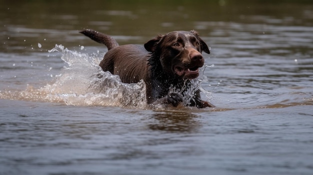 A dog is running in the water and is running