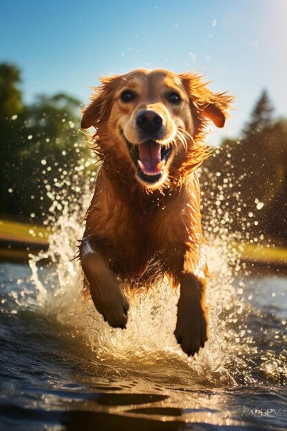 Photo a dog is running in the water with his mouth open